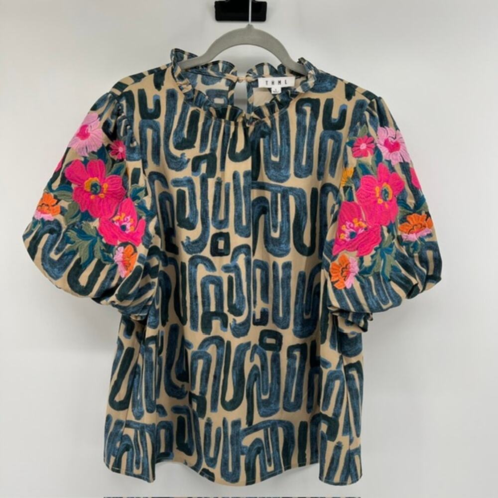THML Anthropologie Ruffle Collar Blouse Womens L Puff Sleeve Floral Embroidered